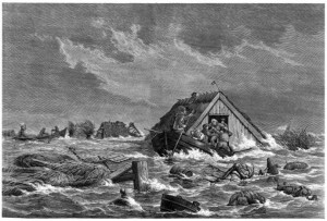Xylografi, der viser oversvømmelsen på det sydlige Lolland. Kilde: Kulturvarv.dk (oprindelig kilde: Illustreret Tidende 1872)